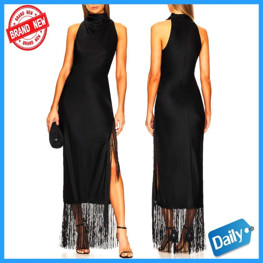 Vintage Flapper Fringe Maxi Dress Halter High Slit Formal Evening Gatsby